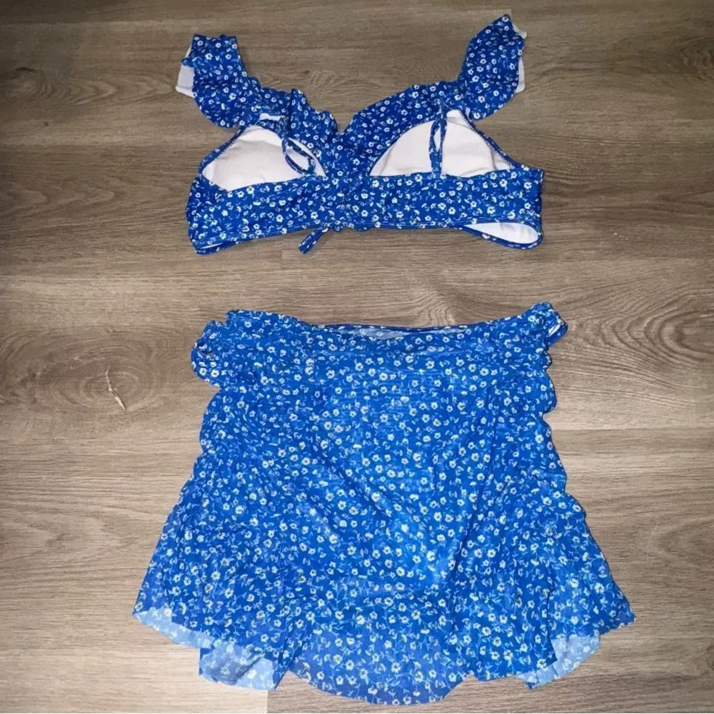 Blue Floral Bikini + Matching Skirt Set